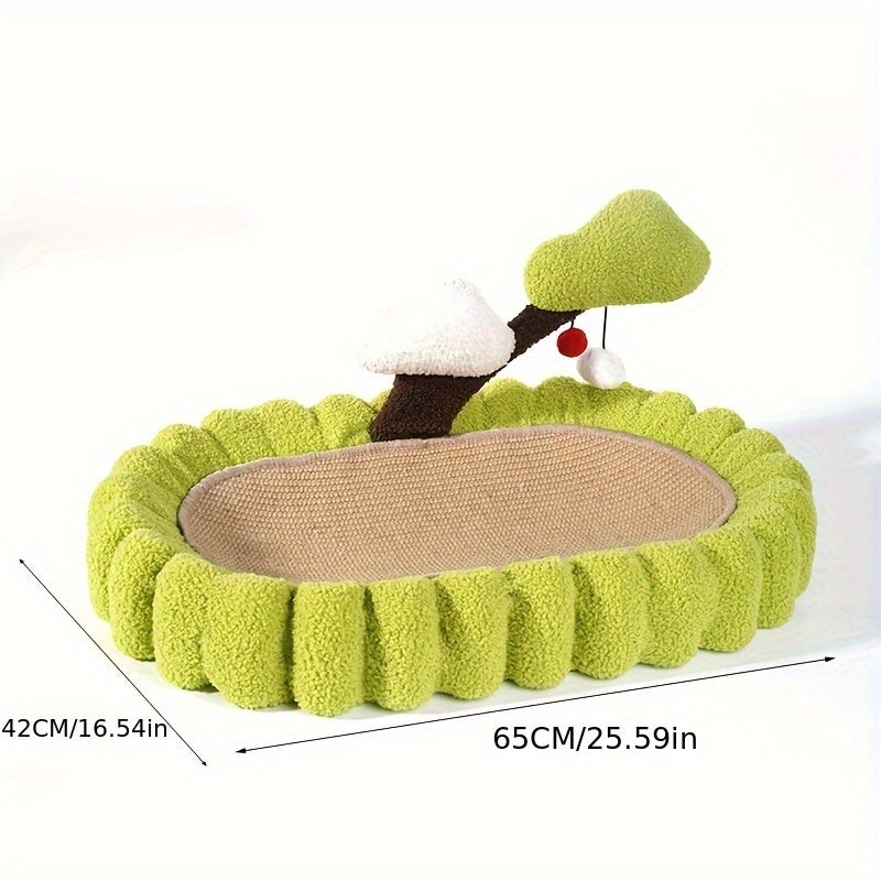 JMT-778634 Large Space Cat Scratching Post and Lounge, Hand Woven Sisal with Teddy Velvet, Green 25.6 Inch Tree Design, Non-Slip Base for Indoor Use