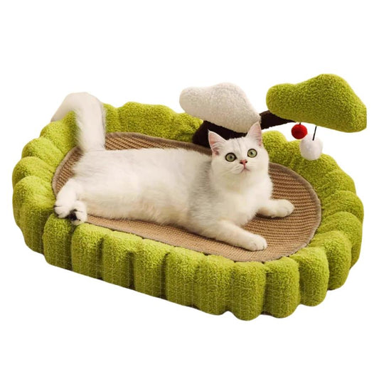 JMT-778634 Large Space Cat Scratching Post and Lounge, Hand Woven Sisal with Teddy Velvet, Green 25.6 Inch Tree Design, Non-Slip Base for Indoor Use