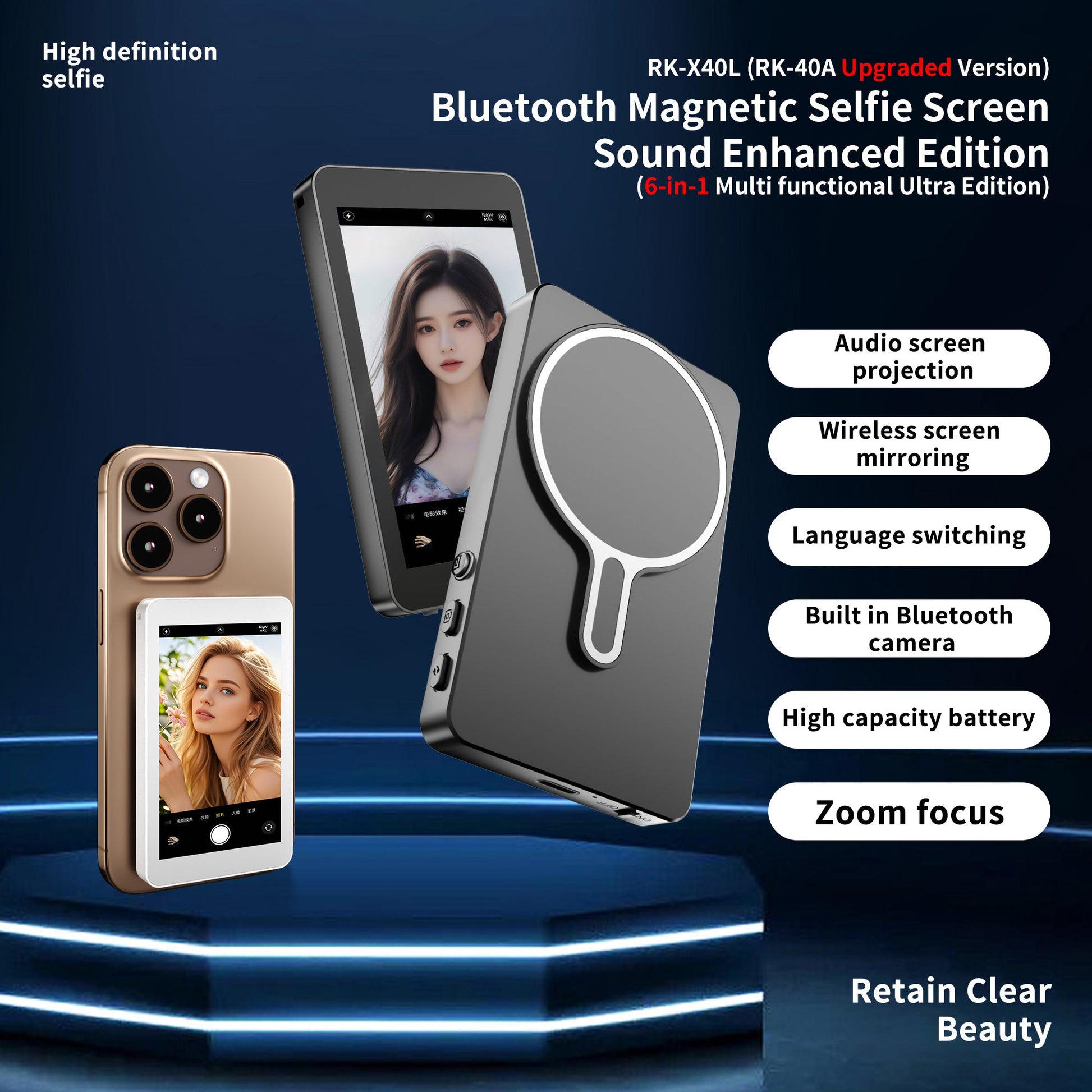 JMT-779786 Upgraded RK-X40L Mobile Selfie Screen Projector with Audio, Focusing Feature, and Built-in Camera Button