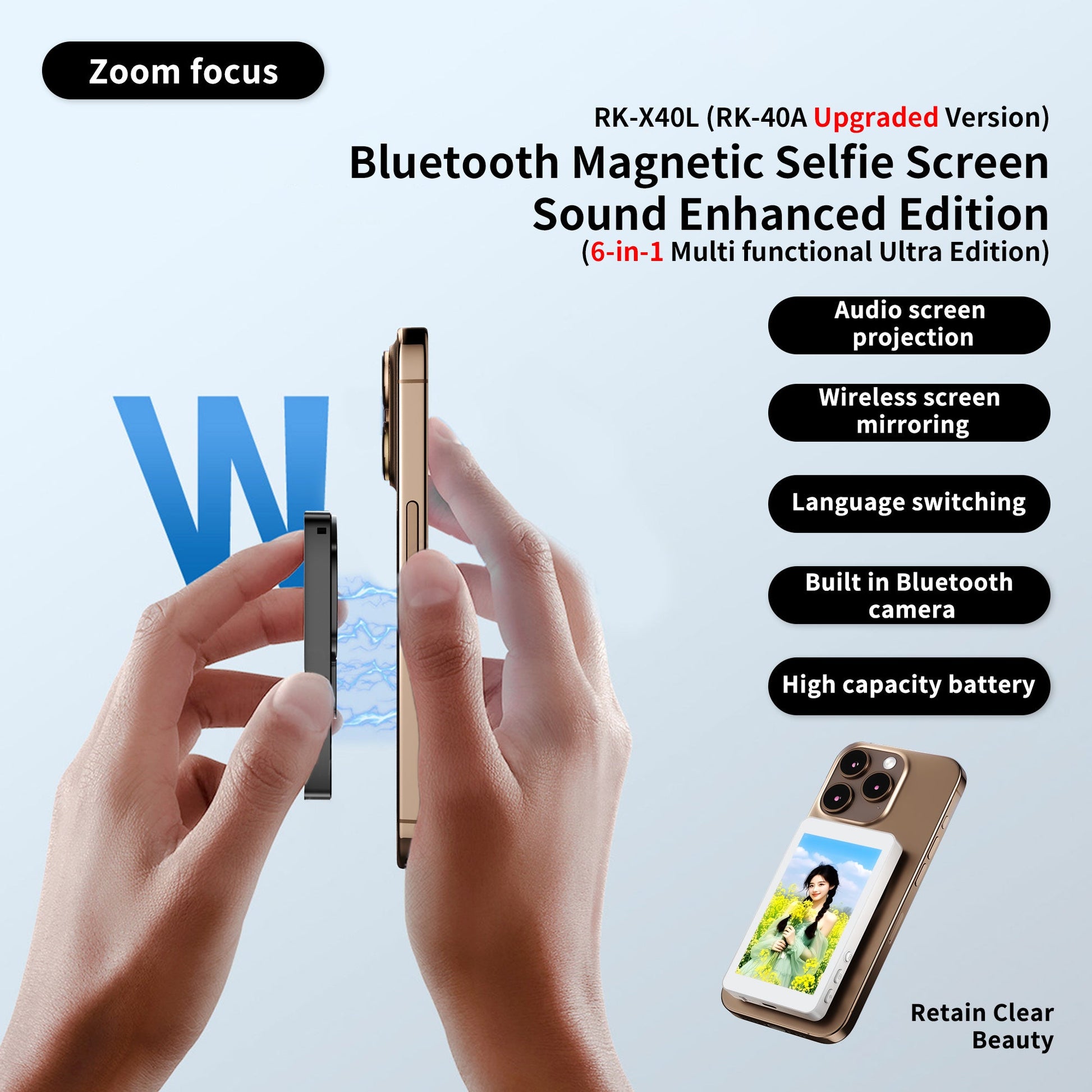 JMT-779786 Upgraded RK-X40L Mobile Selfie Screen Projector with Audio, Focusing Feature, and Built-in Camera Button