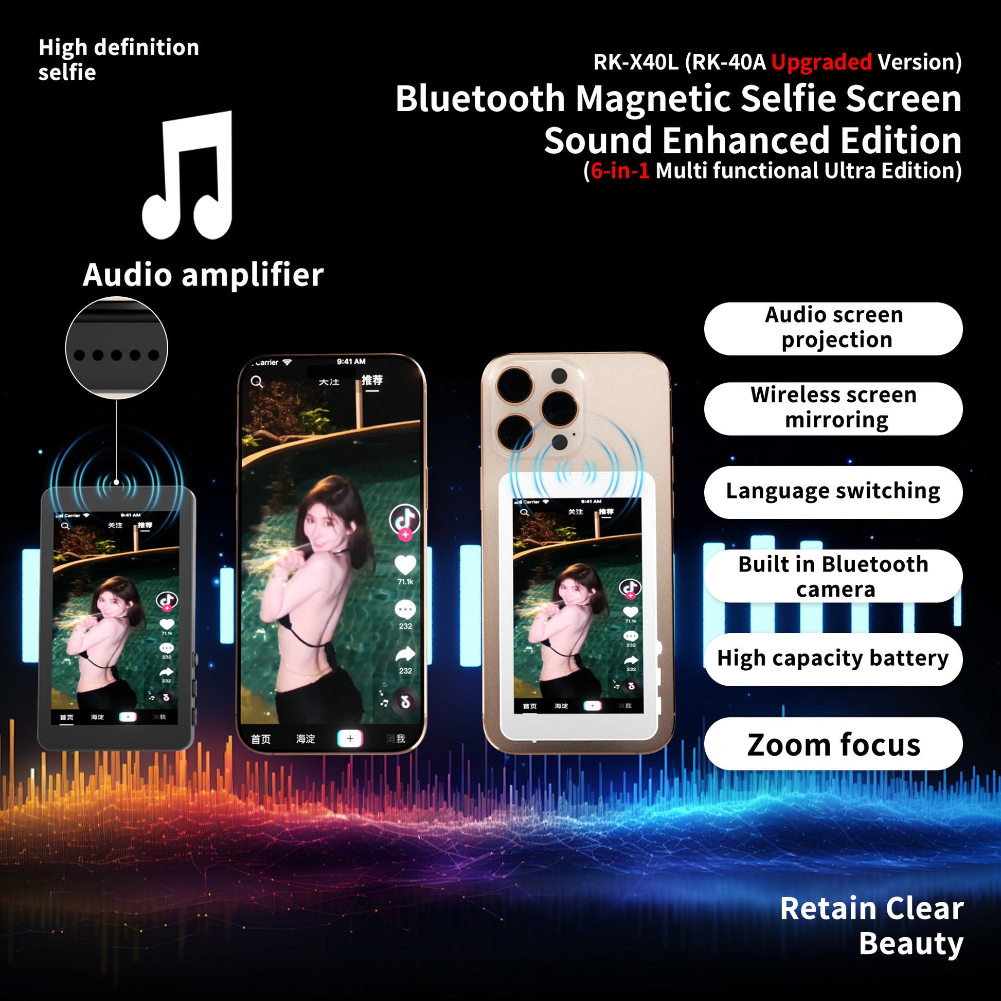 JMT-779786 Upgraded RK-X40L Mobile Selfie Screen Projector with Audio, Focusing Feature, and Built-in Camera Button