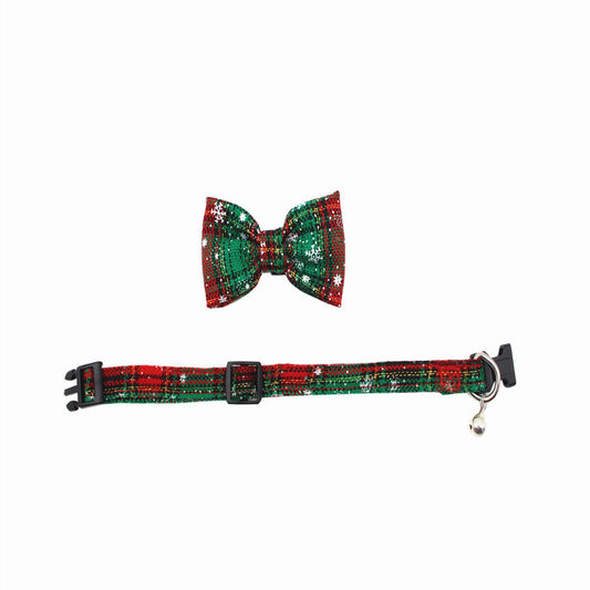 JMT-780426 Comfortable Polyester Dog Collar with Detachable Bowknot and Bell - Soft Velvet, Adjustable Size for Cats and Puppies, Snowflake Design