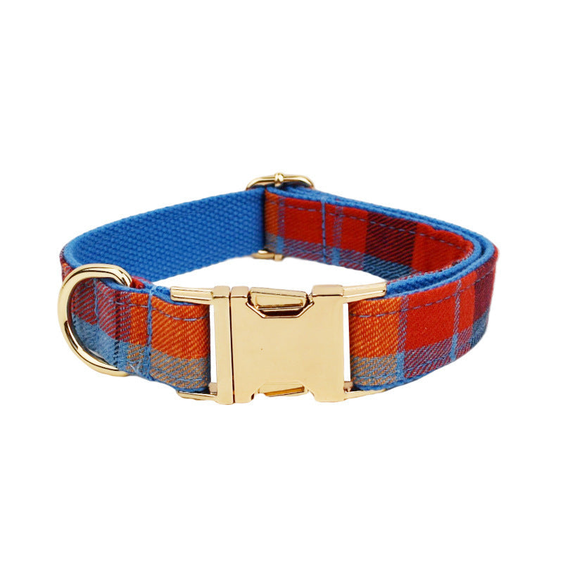 JMT-783562 Blue Background Velvet Plaid Dog Collar with Matching Leash and Bow Accessory
