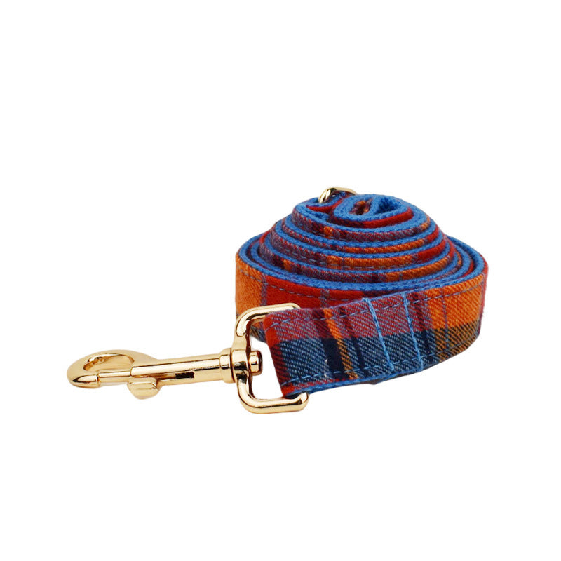 JMT-783562 Blue Background Velvet Plaid Dog Collar with Matching Leash and Bow Accessory