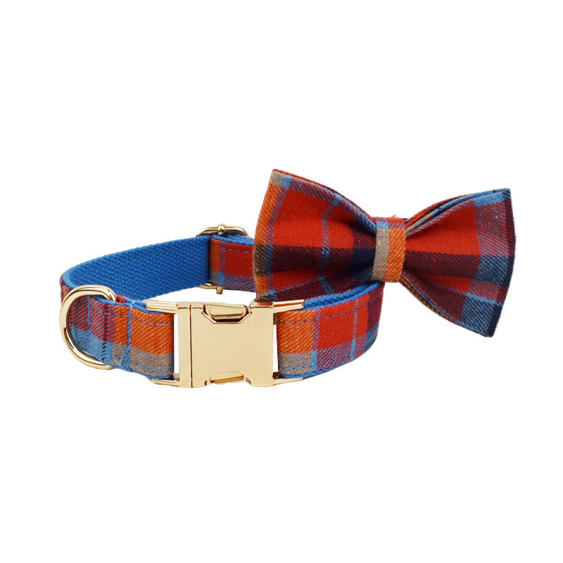 JMT-783562 Blue Background Velvet Plaid Dog Collar with Matching Leash and Bow Accessory