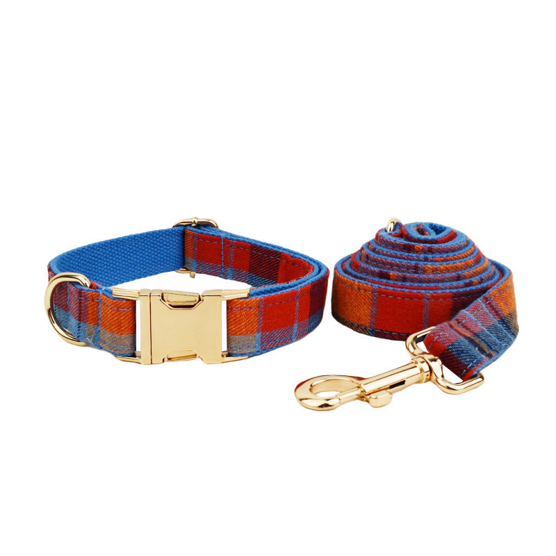 JMT-783562 Blue Background Velvet Plaid Dog Collar with Matching Leash and Bow Accessory