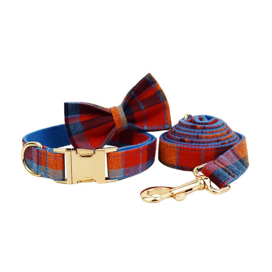 JMT-783562 Blue Background Velvet Plaid Dog Collar with Matching Leash and Bow Accessory