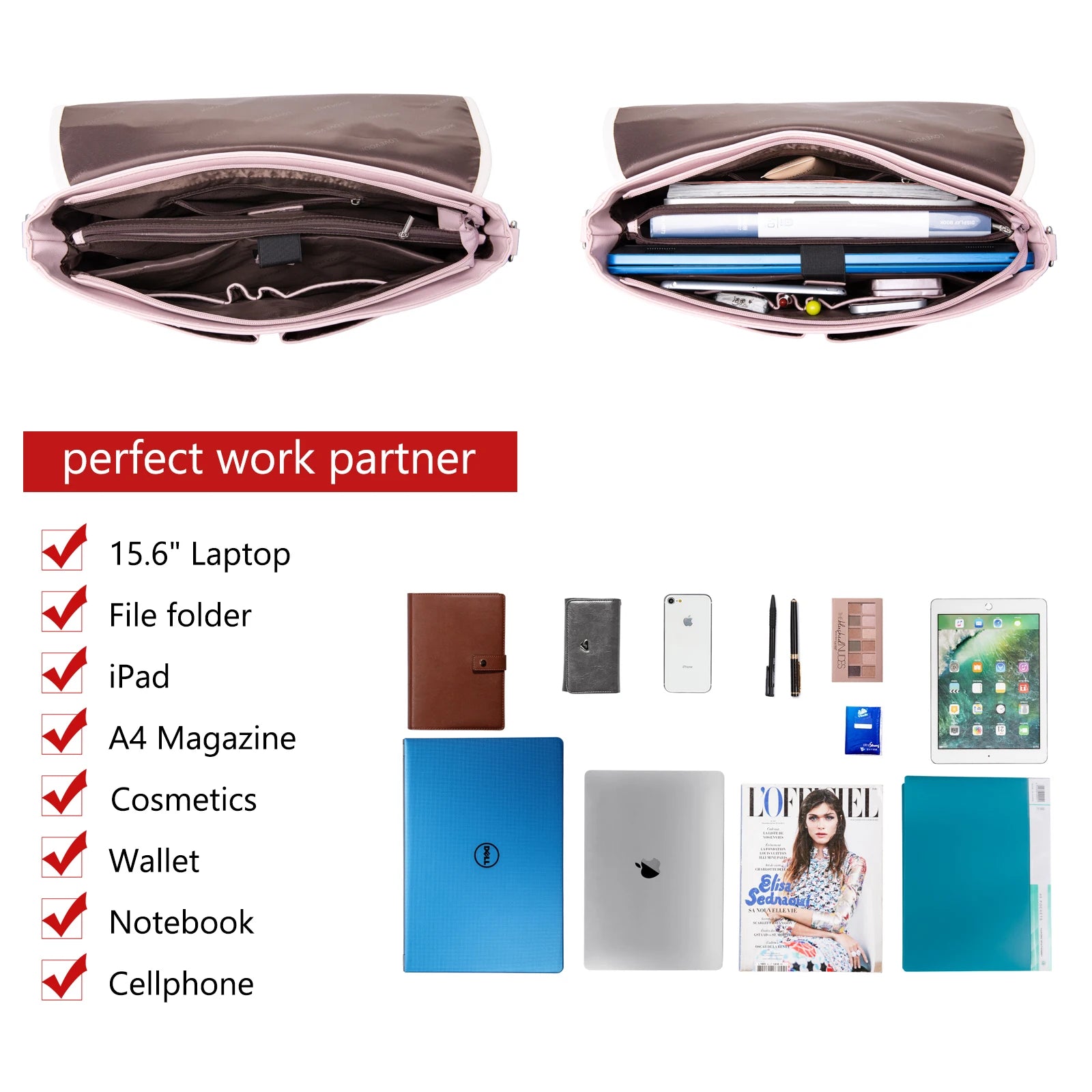 JMT-786250 15.6 Inches Multi-Pocket Leather Laptop Tote Bag for Women – Versatile Work and Shoulder Briefcase
