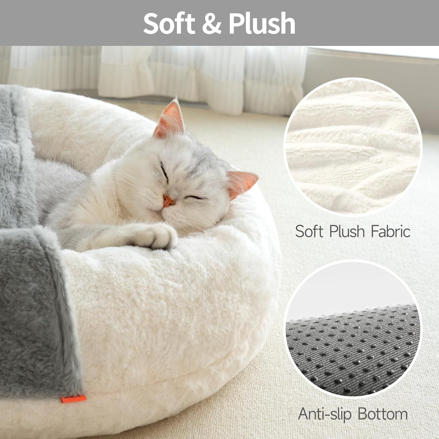 JMT-787978 Enclosed Cat Bed Cave with Washable Blanket & Non-Slip Base for Cats and Small Dogs, 22''x22'', White