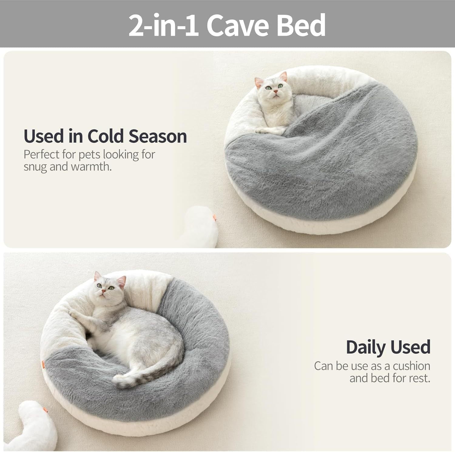 JMT-787978 Enclosed Cat Bed Cave with Washable Blanket & Non-Slip Base for Cats and Small Dogs, 22''x22'', White