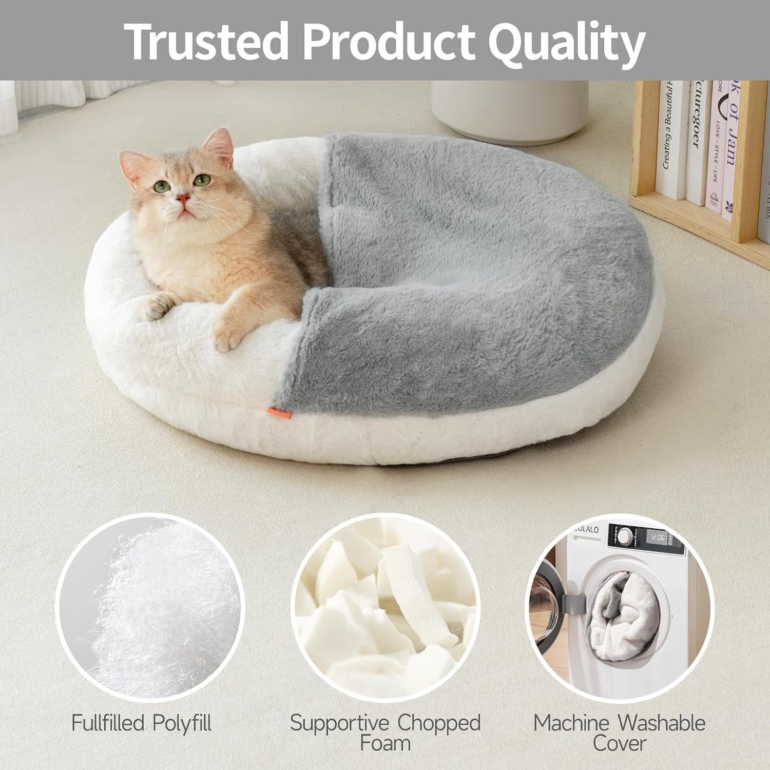 JMT-787978 Enclosed Cat Bed Cave with Washable Blanket & Non-Slip Base for Cats and Small Dogs, 22''x22'', White