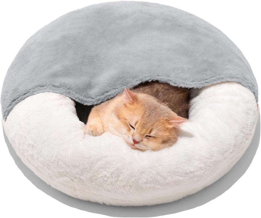 JMT-787978 Enclosed Cat Bed Cave with Washable Blanket & Non-Slip Base for Cats and Small Dogs, 22''x22'', White