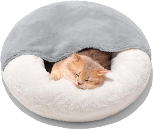 JMT-787978 Enclosed Cat Bed Cave with Washable Blanket & Non-Slip Base for Cats and Small Dogs, 22''x22'', White