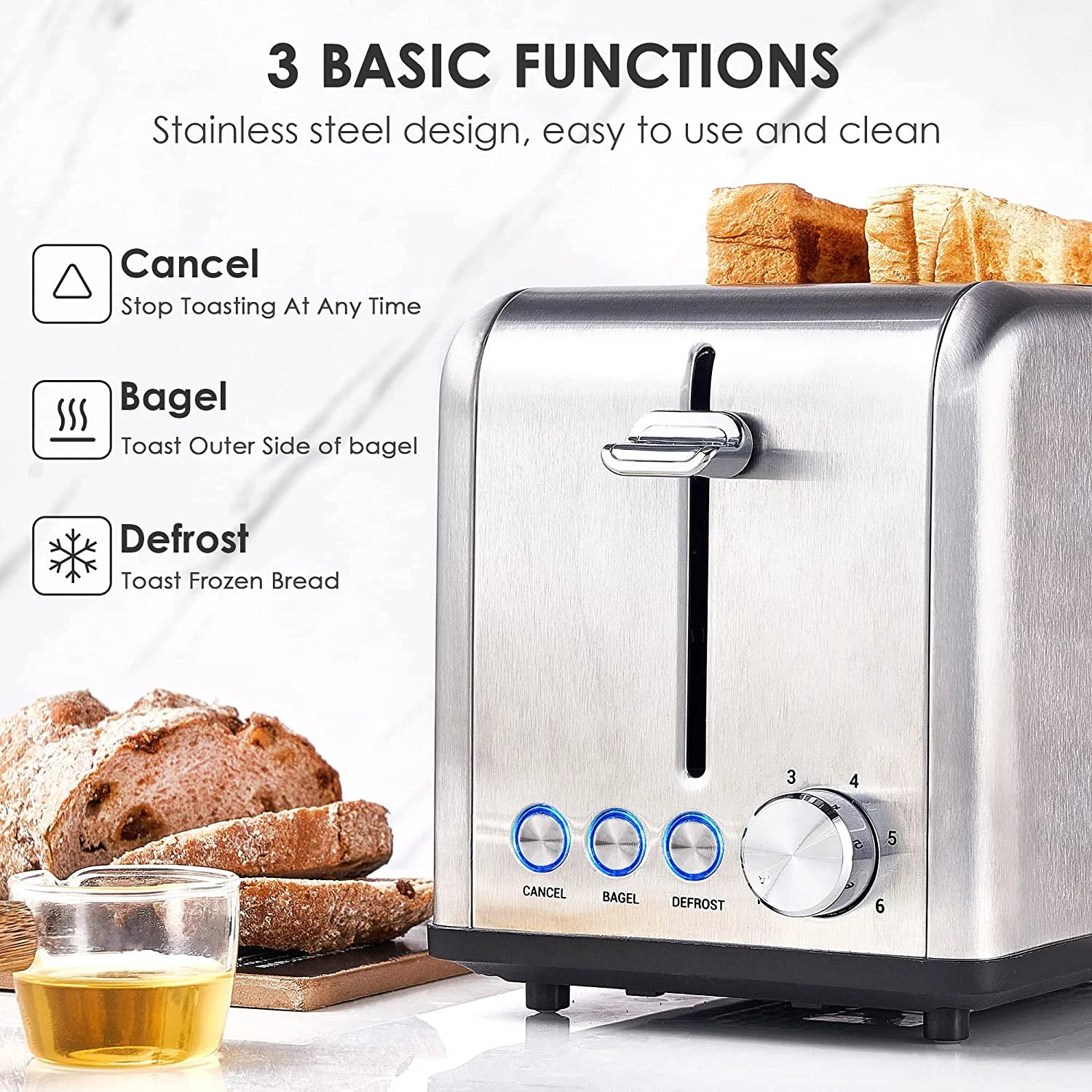 JMT-788490 Woodgrain Design 2-Slice Stainless Steel Electric Waffle and Bread Toaster with Grill