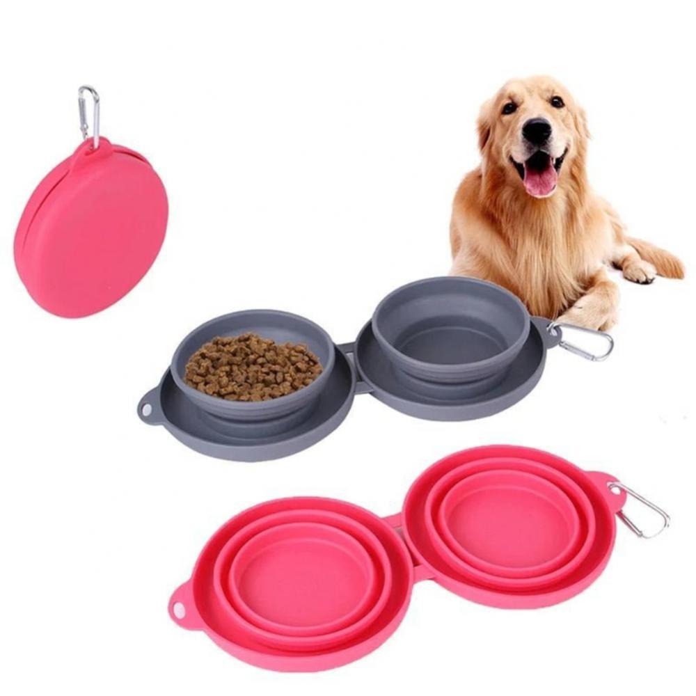 JMT-789002 Foldable Double Bowl Pet Feeding Set - Non-Skid Silicone Mat for Dogs & Cats - Portable, Easy to Clean