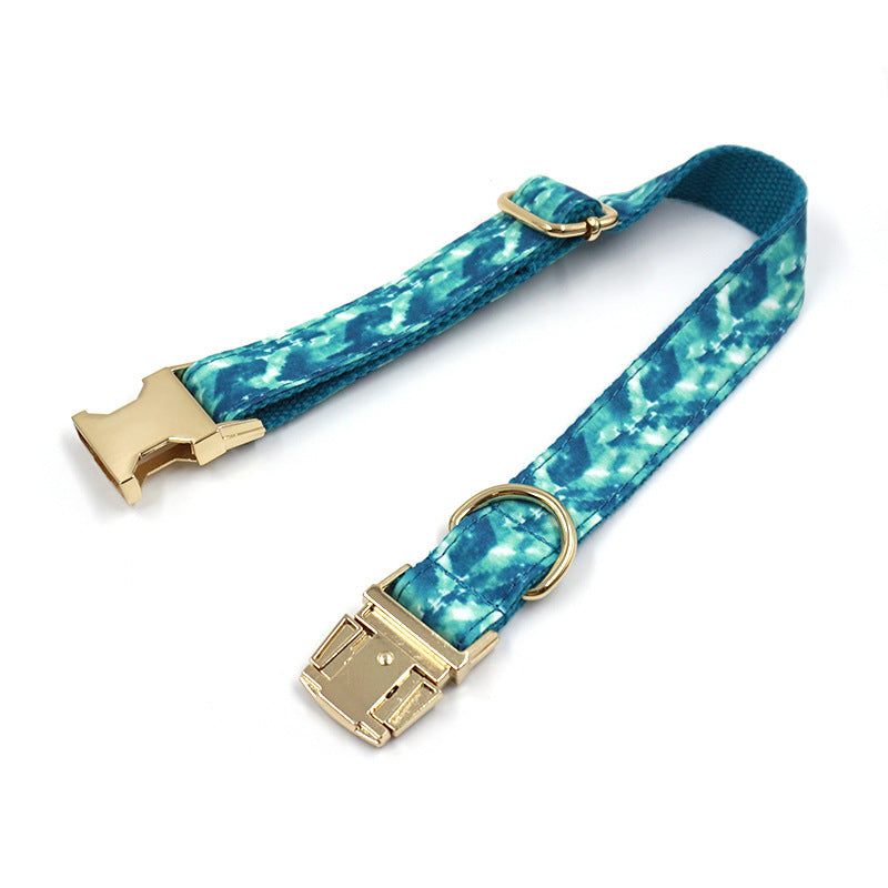 JMT-789322 Agate Green Stripes Dog Collar and Leash Set with Gold Buckle