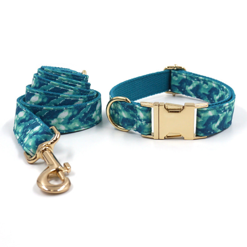 JMT-789322 Agate Green Stripes Dog Collar and Leash Set with Gold Buckle