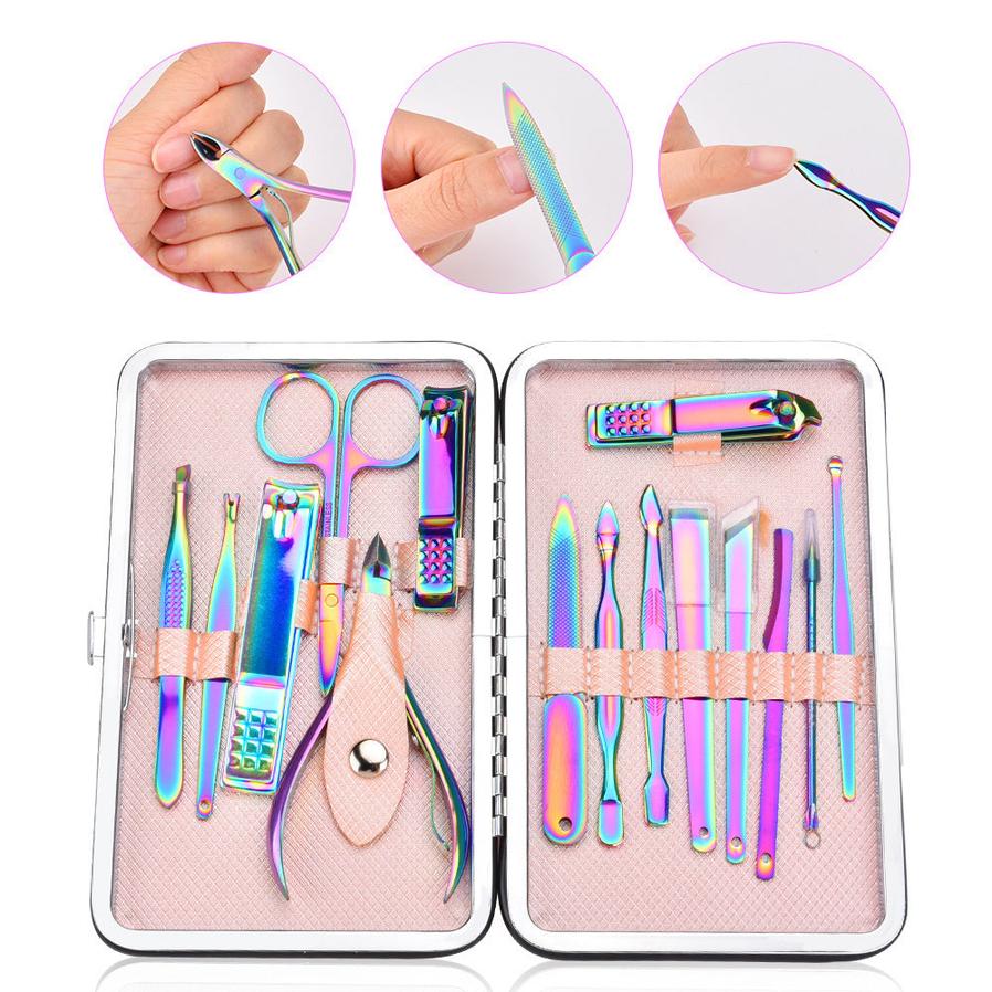JMT-792586 15-Piece Stainless Steel Manicure Tool Set in Vibrant Colors for Adults