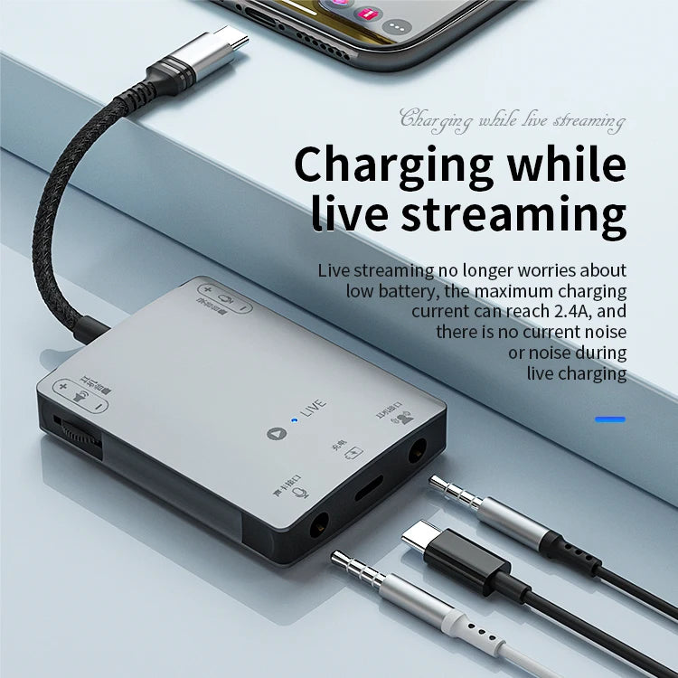 JMT-792778 3-in-1 Stereo Live Sound Card Converter for iPhone 15 - 3.5mm Audio Adapter with Charging and Headphone Mic Support
