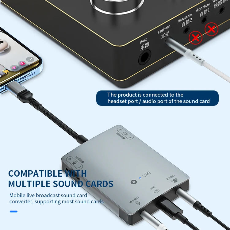 JMT-792778 3-in-1 Stereo Live Sound Card Converter for iPhone 15 - 3.5mm Audio Adapter with Charging and Headphone Mic Support