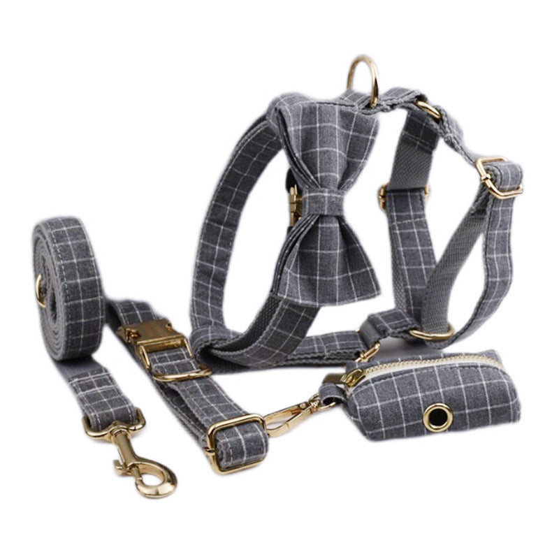 JMT-792778 Gray Plaid Flannel Pet Five-Piece Set with Collar, Leash, Bow, Vest, and Poop Bag