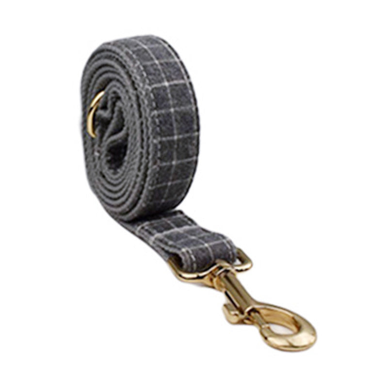 JMT-792778 Gray Plaid Flannel Pet Five-Piece Set with Collar, Leash, Bow, Vest, and Poop Bag