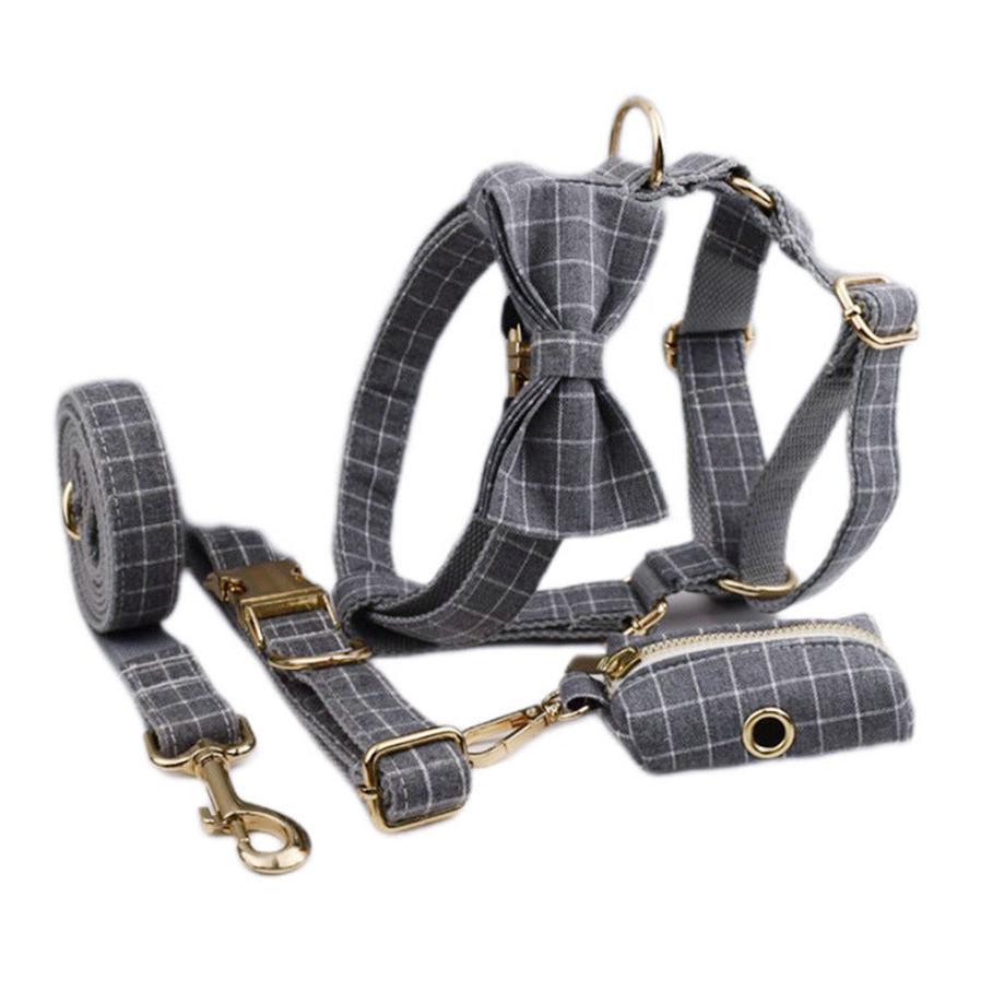 JMT-792778 Gray Plaid Flannel Pet Five-Piece Set with Collar, Leash, Bow, Vest, and Poop Bag