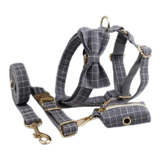 JMT-792778 Gray Plaid Flannel Pet Five-Piece Set with Collar, Leash, Bow, Vest, and Poop Bag