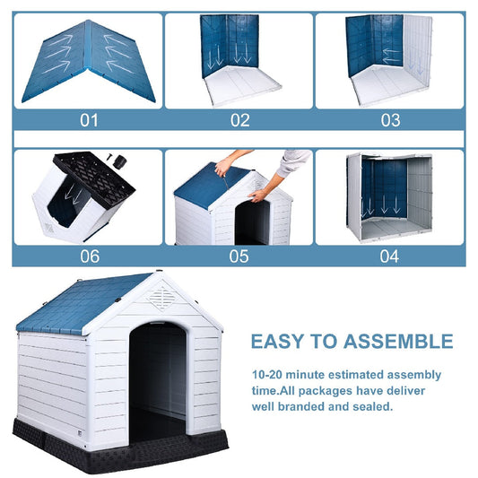 JMT-793290 Durable Insulated Plastic Dog House with Elevated Floor and Ventilation for Small to Large Dogs - 29 Inch, Blue