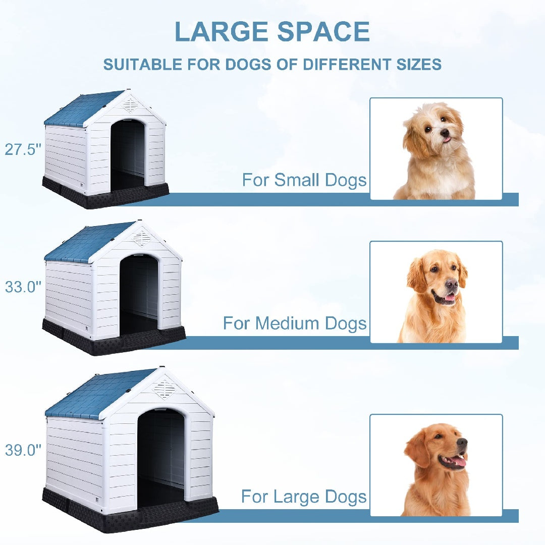 JMT-793290 Durable Insulated Plastic Dog House with Elevated Floor and Ventilation for Small to Large Dogs - 29 Inch, Blue