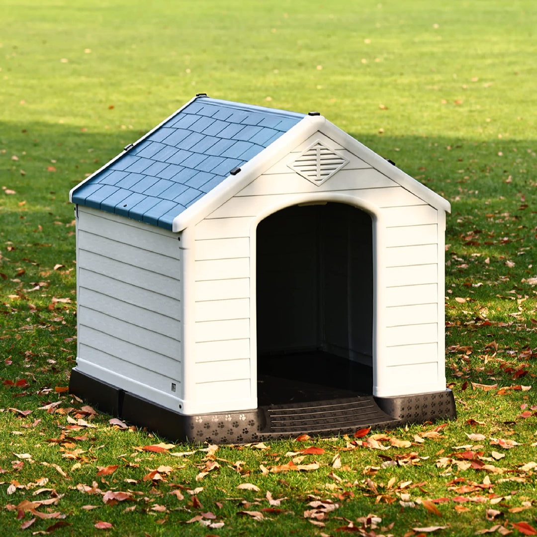 JMT-793290 Durable Insulated Plastic Dog House with Elevated Floor and Ventilation for Small to Large Dogs - 29 Inch, Blue