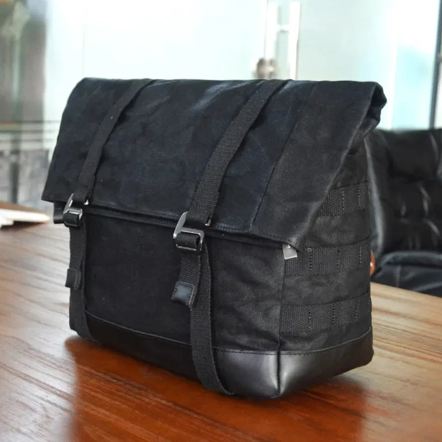 JMT-793802 Leather and Waxed Cotton Canvas Motorcycle Saddle Bags - Vintage Style Throw Over Panniers