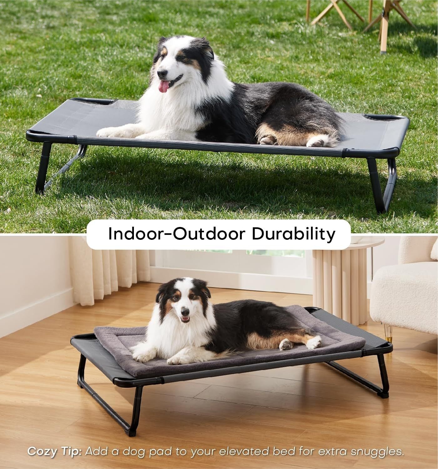 JMT-794442 Elevated Large Dog Outdoor Bed with Adjustable Buckle Legs, Washable Mesh Cover, Non-Slip Feet, Durable, Indoor & Outdoor Use