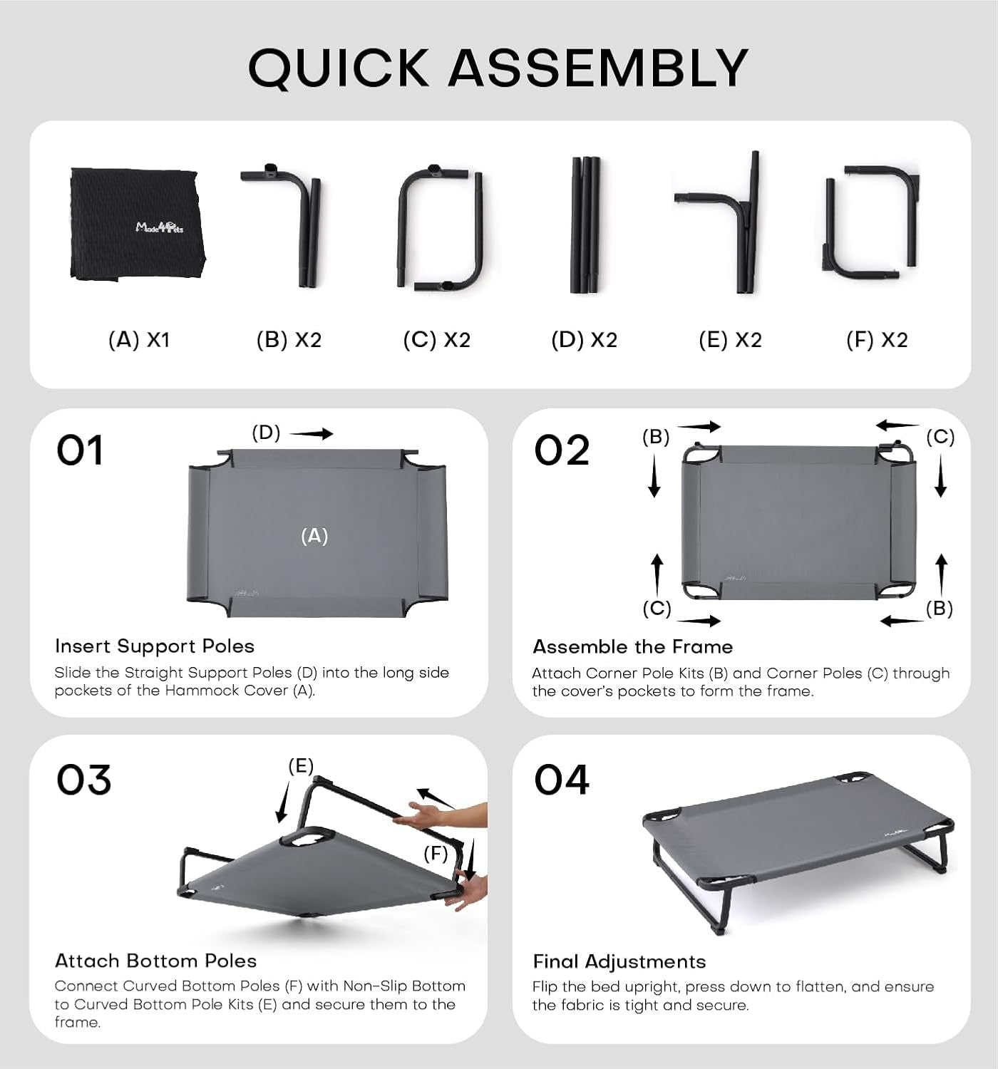 JMT-794442 Elevated Large Dog Outdoor Bed with Adjustable Buckle Legs, Washable Mesh Cover, Non-Slip Feet, Durable, Indoor & Outdoor Use