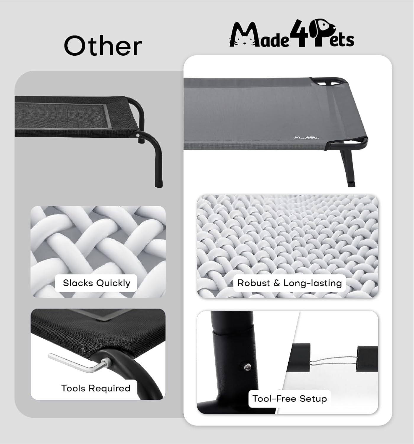 JMT-794442 Elevated Large Dog Outdoor Bed with Adjustable Buckle Legs, Washable Mesh Cover, Non-Slip Feet, Durable, Indoor & Outdoor Use