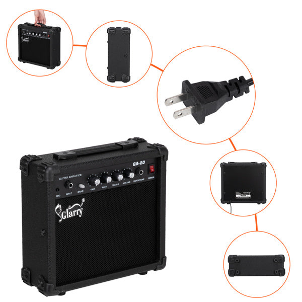 JMT-795594 20W Portable Electric Guitar Amplifier with Volume, Treble, Bass, and Middle Controls