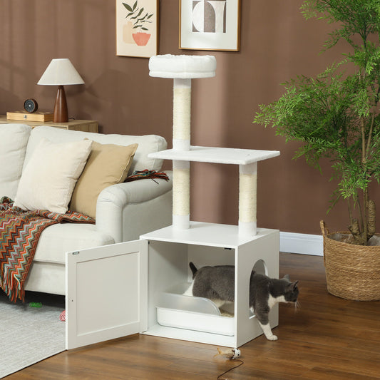 JMT-795594 Space-Saving Indoor Cat Tree with Litter Box Enclosure, Scratching Posts, and Climbing Platforms in White