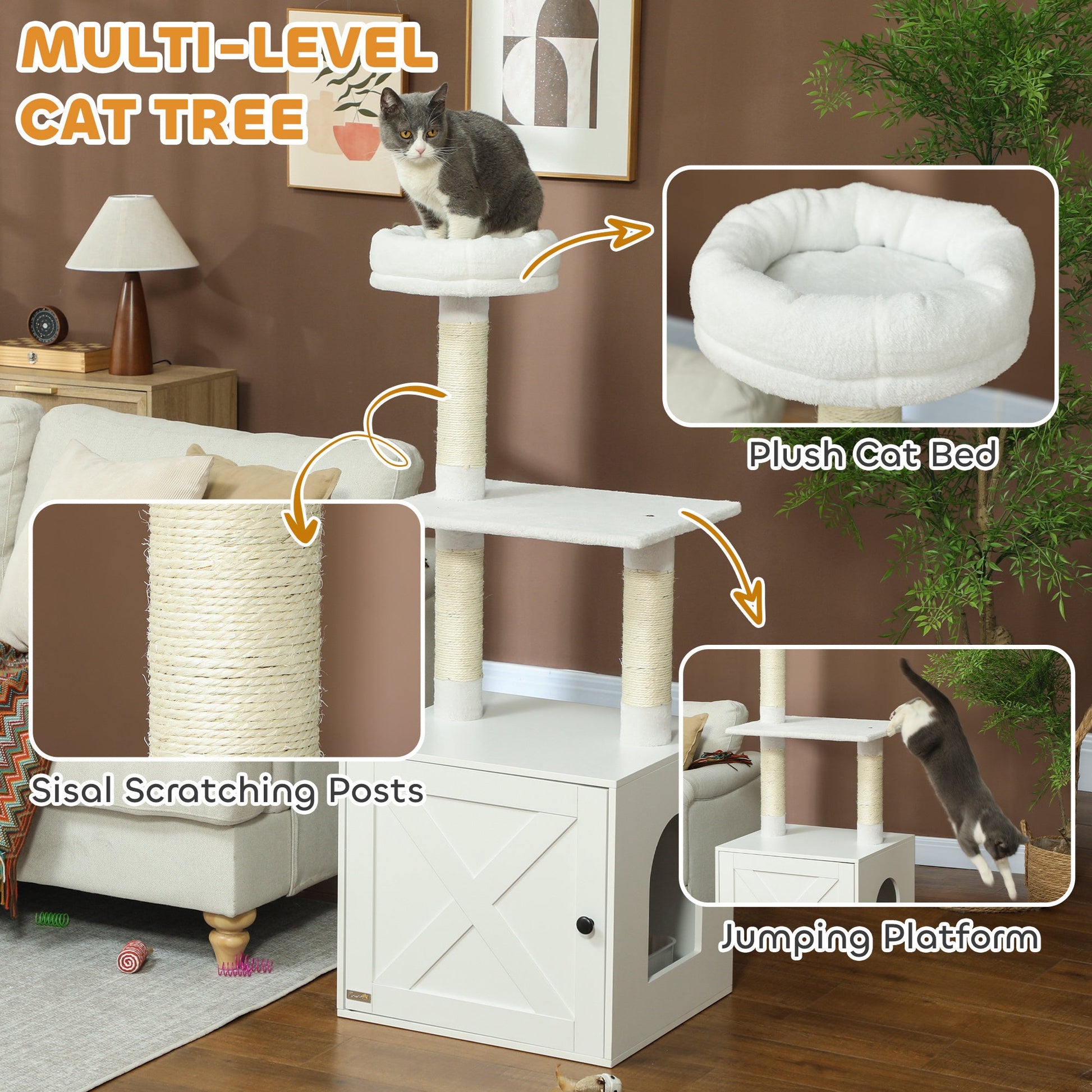 JMT-795594 Space-Saving Indoor Cat Tree with Litter Box Enclosure, Scratching Posts, and Climbing Platforms in White