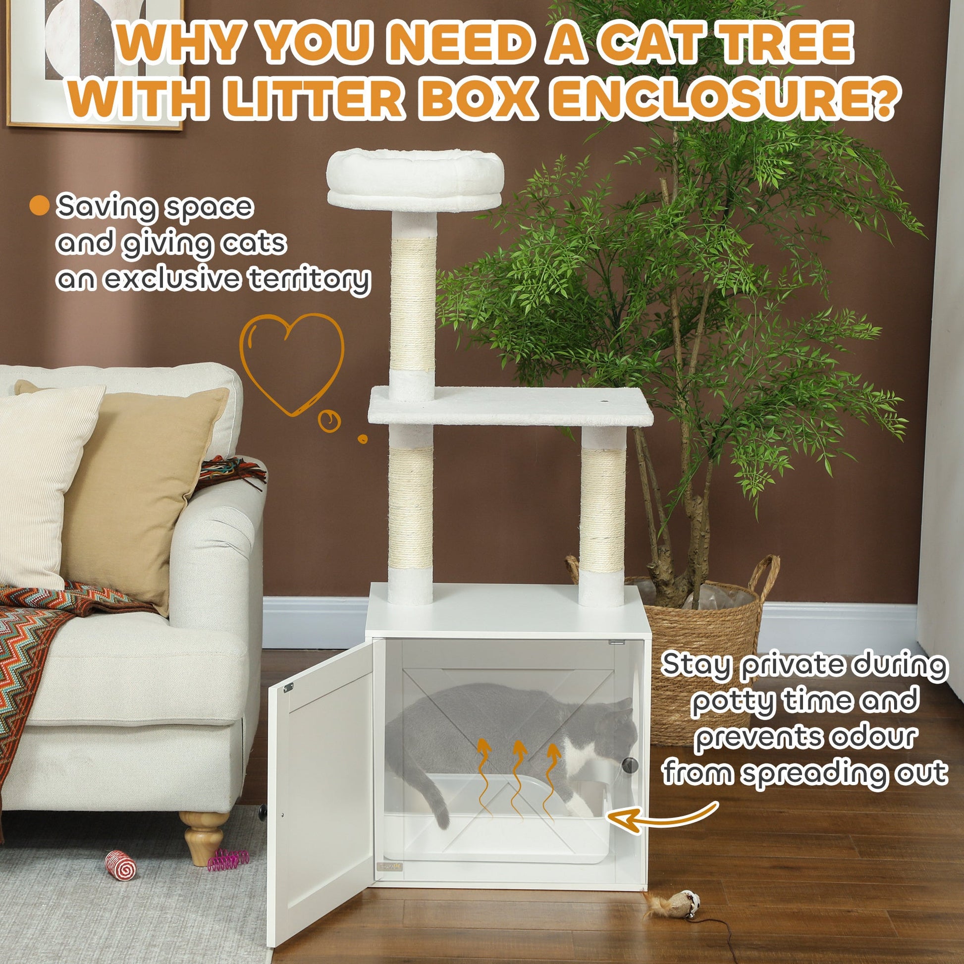 JMT-795594 Space-Saving Indoor Cat Tree with Litter Box Enclosure, Scratching Posts, and Climbing Platforms in White