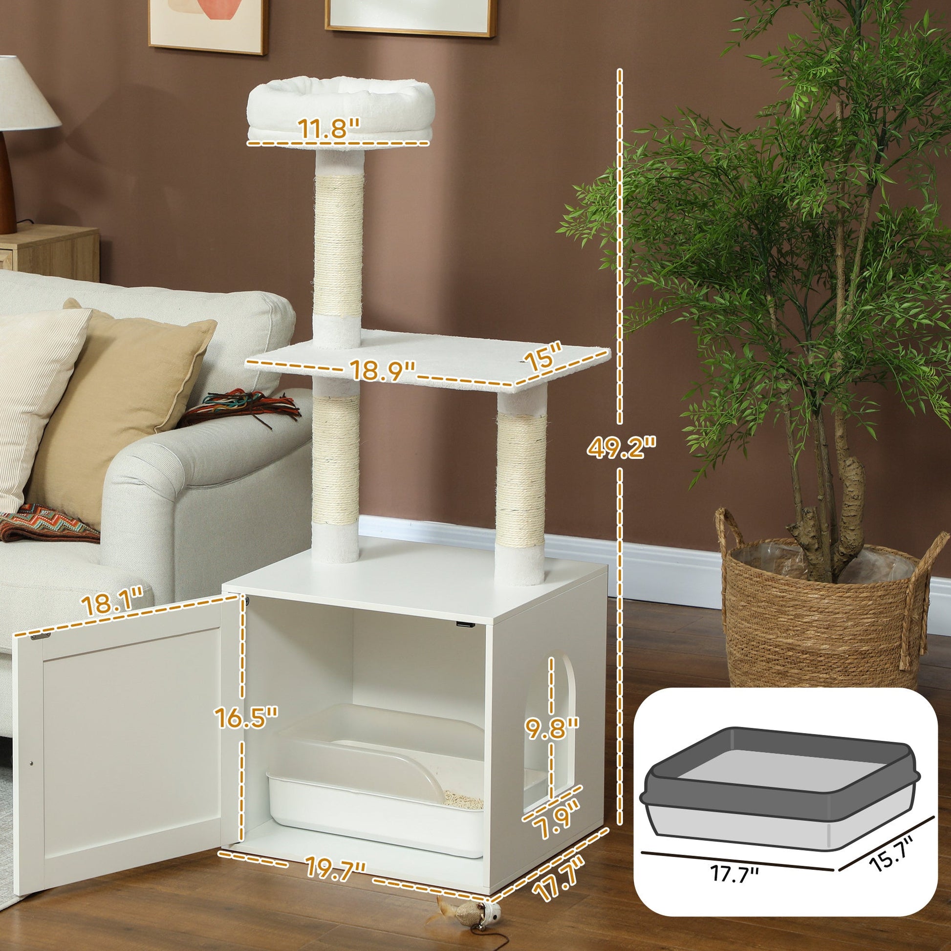 JMT-795594 Space-Saving Indoor Cat Tree with Litter Box Enclosure, Scratching Posts, and Climbing Platforms in White