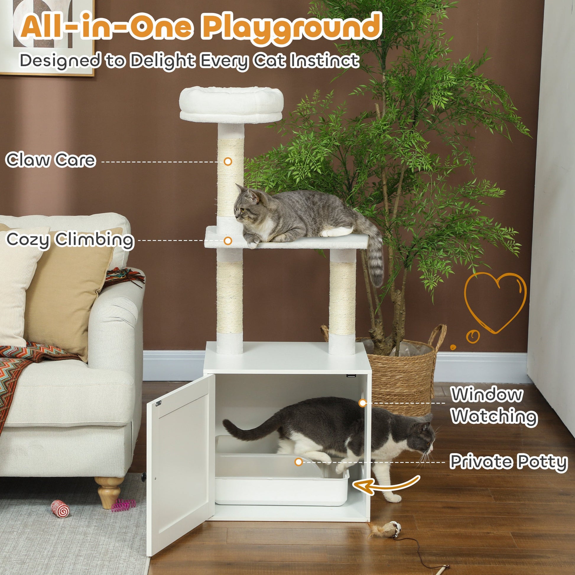 JMT-795594 Space-Saving Indoor Cat Tree with Litter Box Enclosure, Scratching Posts, and Climbing Platforms in White