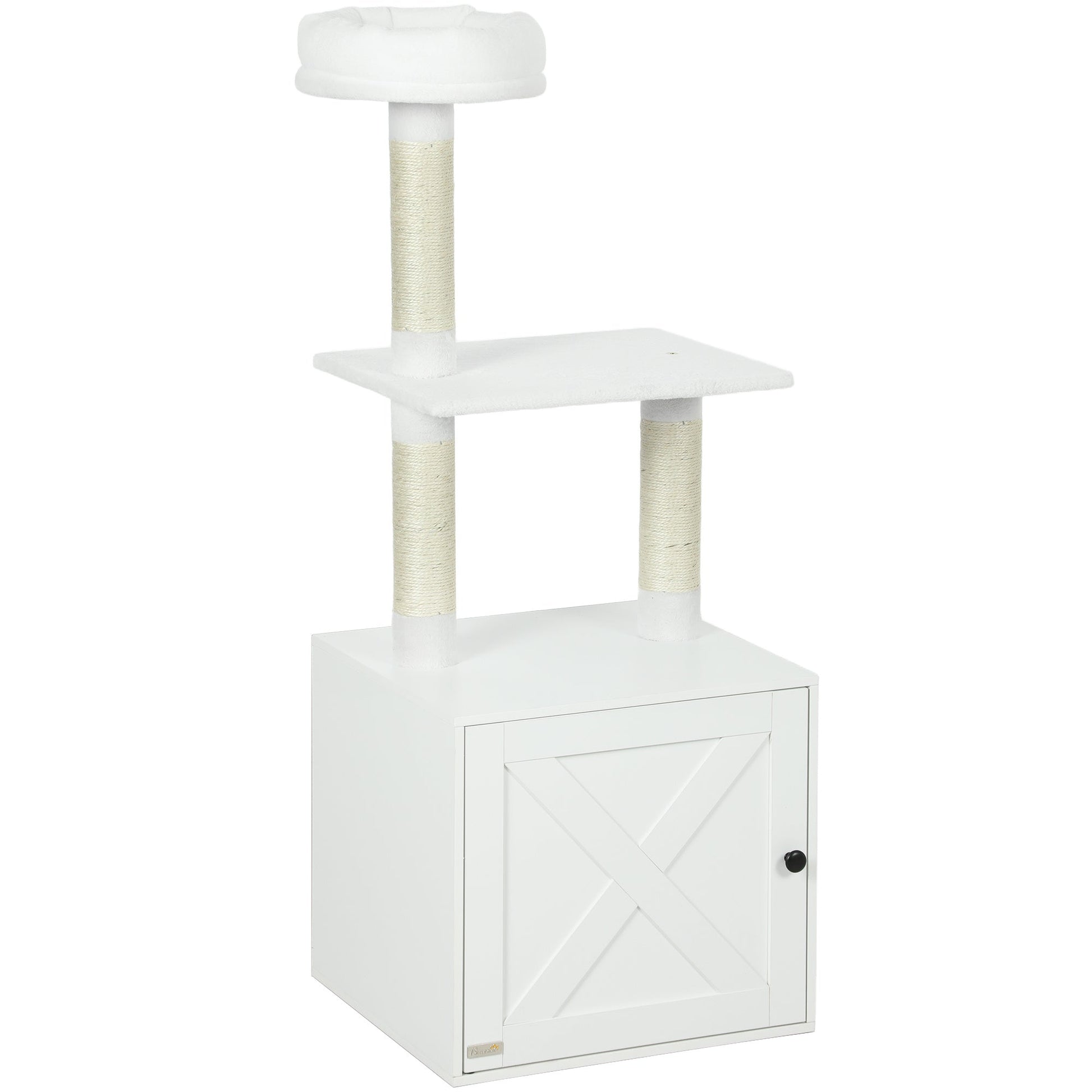 JMT-795594 Space-Saving Indoor Cat Tree with Litter Box Enclosure, Scratching Posts, and Climbing Platforms in White