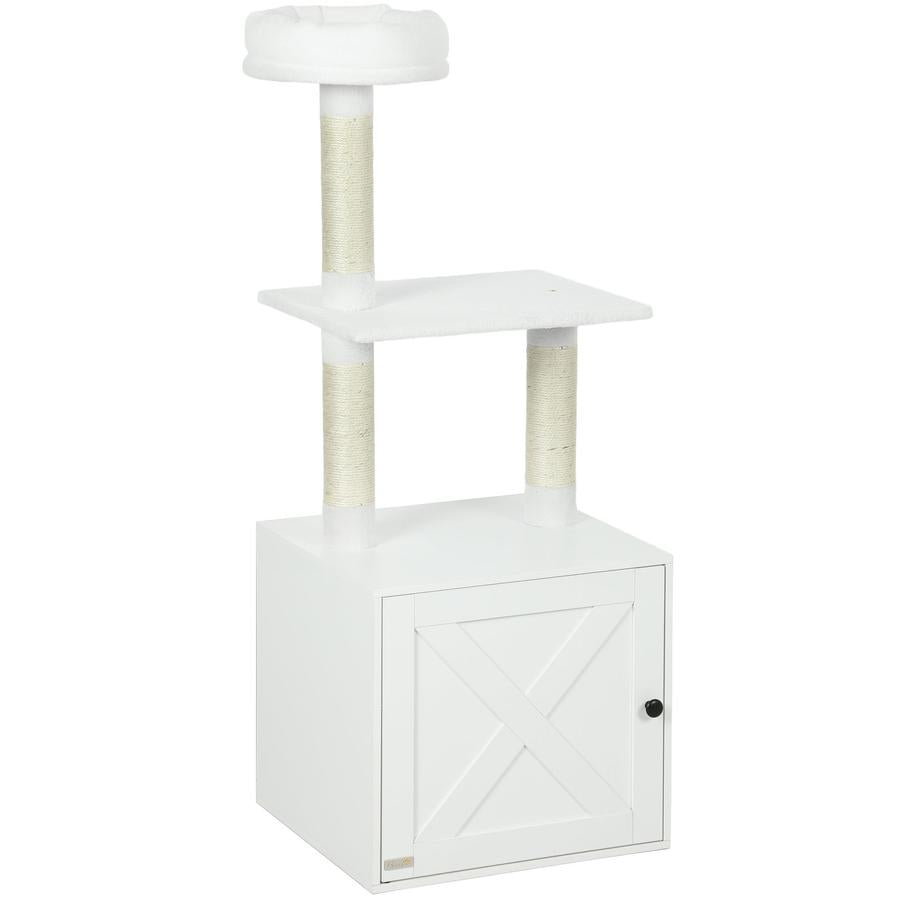 JMT-795594 Space-Saving Indoor Cat Tree with Litter Box Enclosure, Scratching Posts, and Climbing Platforms in White
