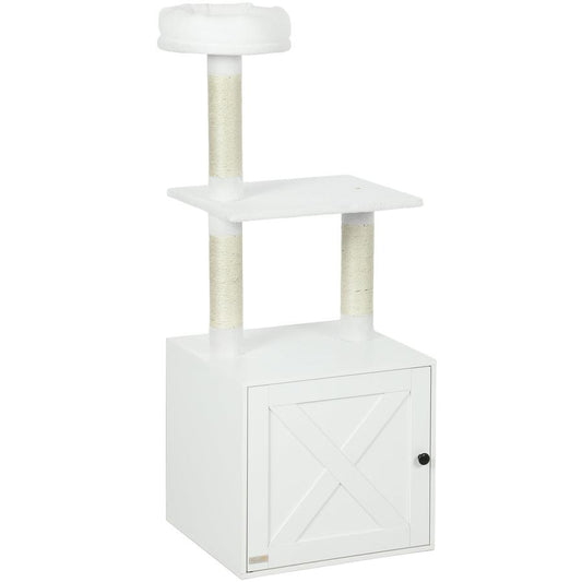 JMT-795594 Space-Saving Indoor Cat Tree with Litter Box Enclosure, Scratching Posts, and Climbing Platforms in White