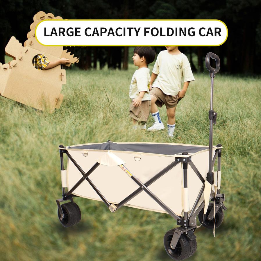 JMT-796618 Heavy-Duty Folding Beach Cart with Large Wheels, Adjustable Handles, and Drink Holders for Outdoor Activities