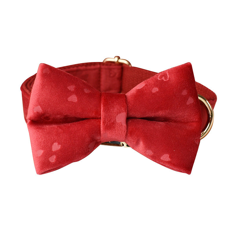 JMT-797386 Red Heart Velvet Dog Bowknot Set with Ring and Rope for Dogs, Multiple Sizes Available