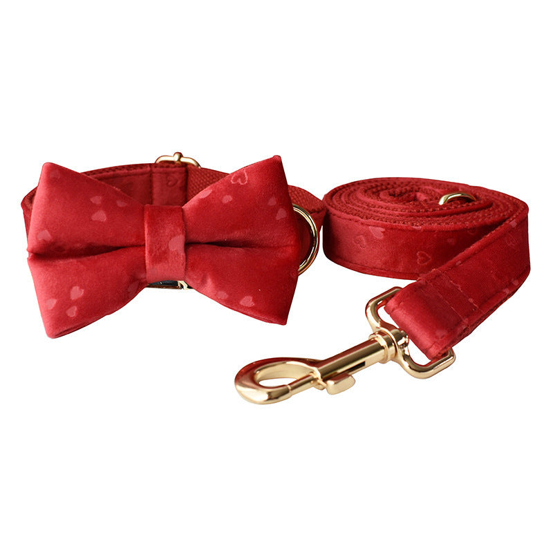 JMT-797386 Red Heart Velvet Dog Bowknot Set with Ring and Rope for Dogs, Multiple Sizes Available