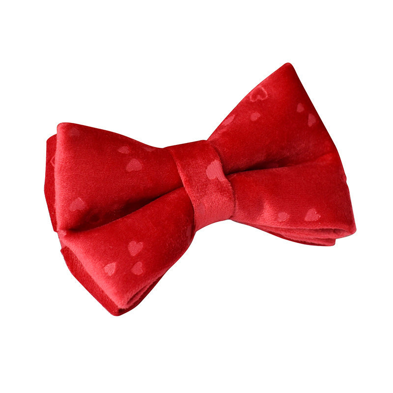 JMT-797386 Red Heart Velvet Dog Bowknot Set with Ring and Rope for Dogs, Multiple Sizes Available