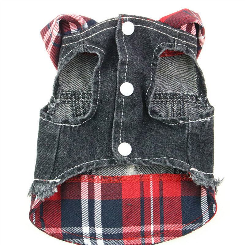 JMT-797642 Denim Vest Dress for Dogs - Casual Red and Blue Plaid Options in Various Sizes
