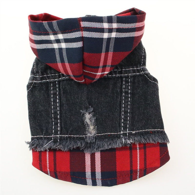 JMT-797642 Denim Vest Dress for Dogs - Casual Red and Blue Plaid Options in Various Sizes
